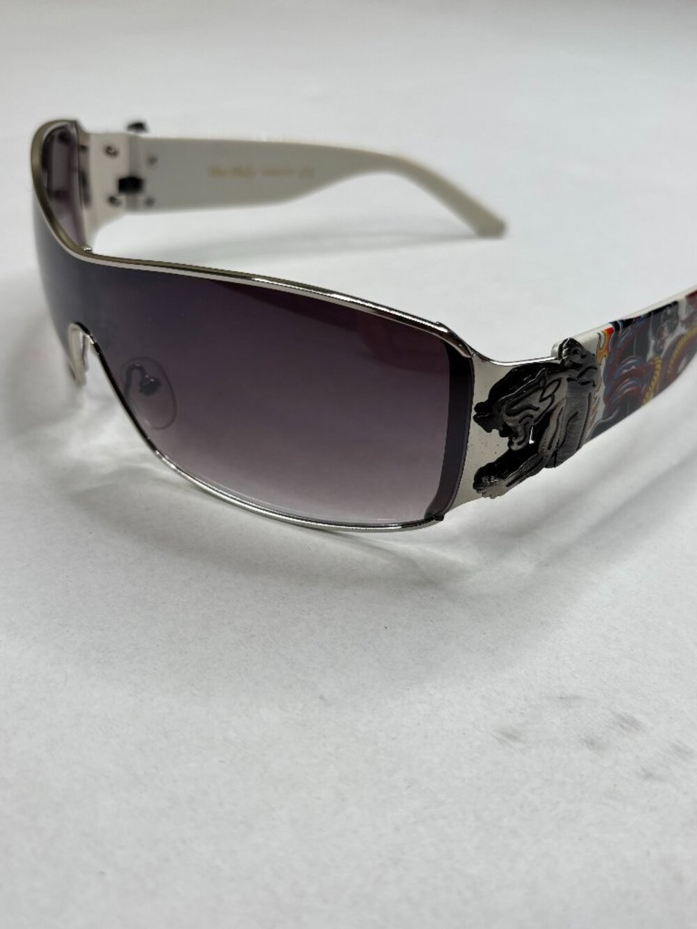 Ed Hardy Style Vtg Sunglasses Panther & Snake Tattoo Graphics White Silver Y2K
